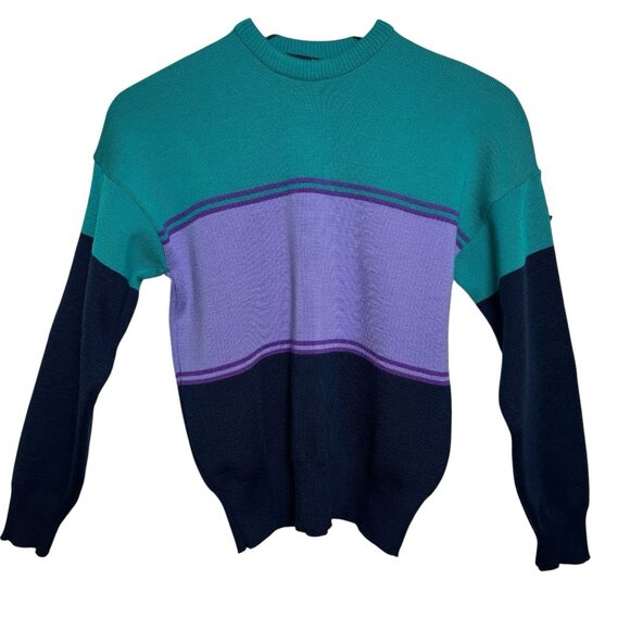 VTG Demetre Sweater Womens Small Purple Colorblock Ski 70s 80s Snow Wool *Flaw - Picture 1 of 9